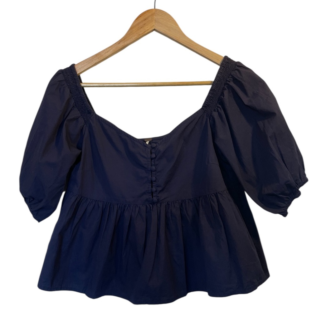 FREE PEOPLE Navy Blue Cotton Off Shoulder Ruffle Crop Top Peasant Blouse - Sz XS